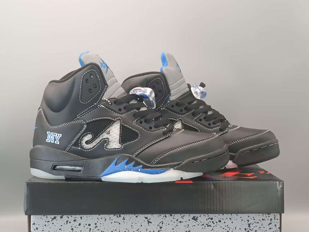Awake NY x Air Jordan 5 Retro Black-Blue Sneakers | Cut-Out A Logo, 23 & NY