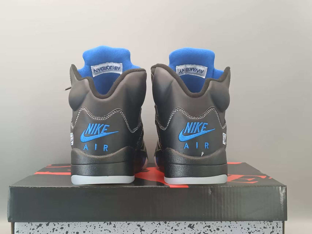 Awake NY x Air Jordan 5 Retro Black-Blue Sneakers | Cut-Out A Logo, 23 & NY